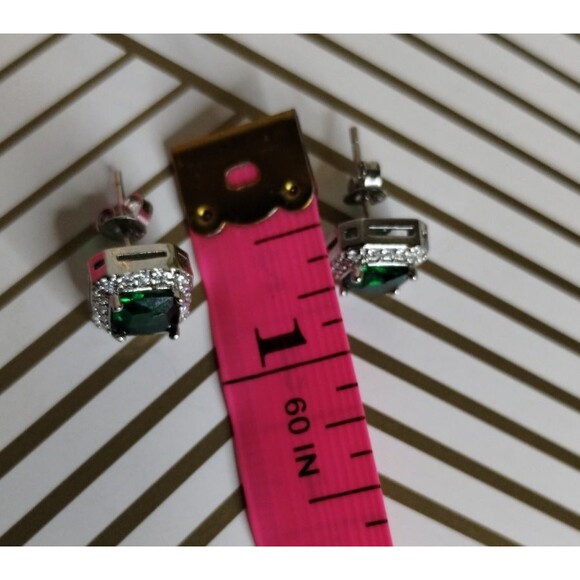 Faux Princess Cut Emerald & Diamond Stud Earrings - Picture 5 of 5